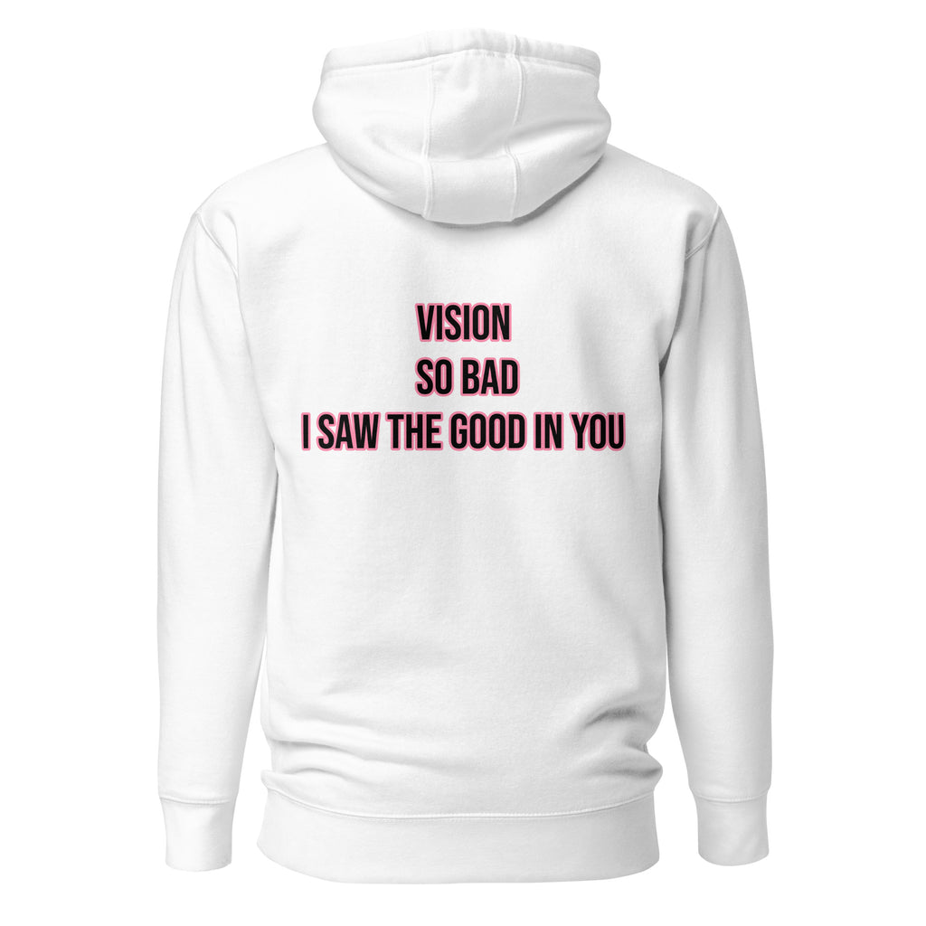 White hoodie with text on the back on a white background