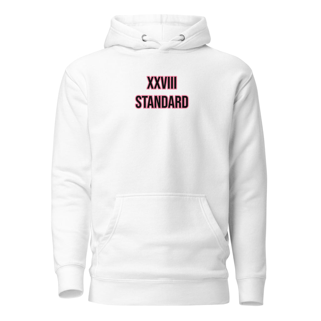 White hoodie with 'XXVIII STANDARD' text on a white background