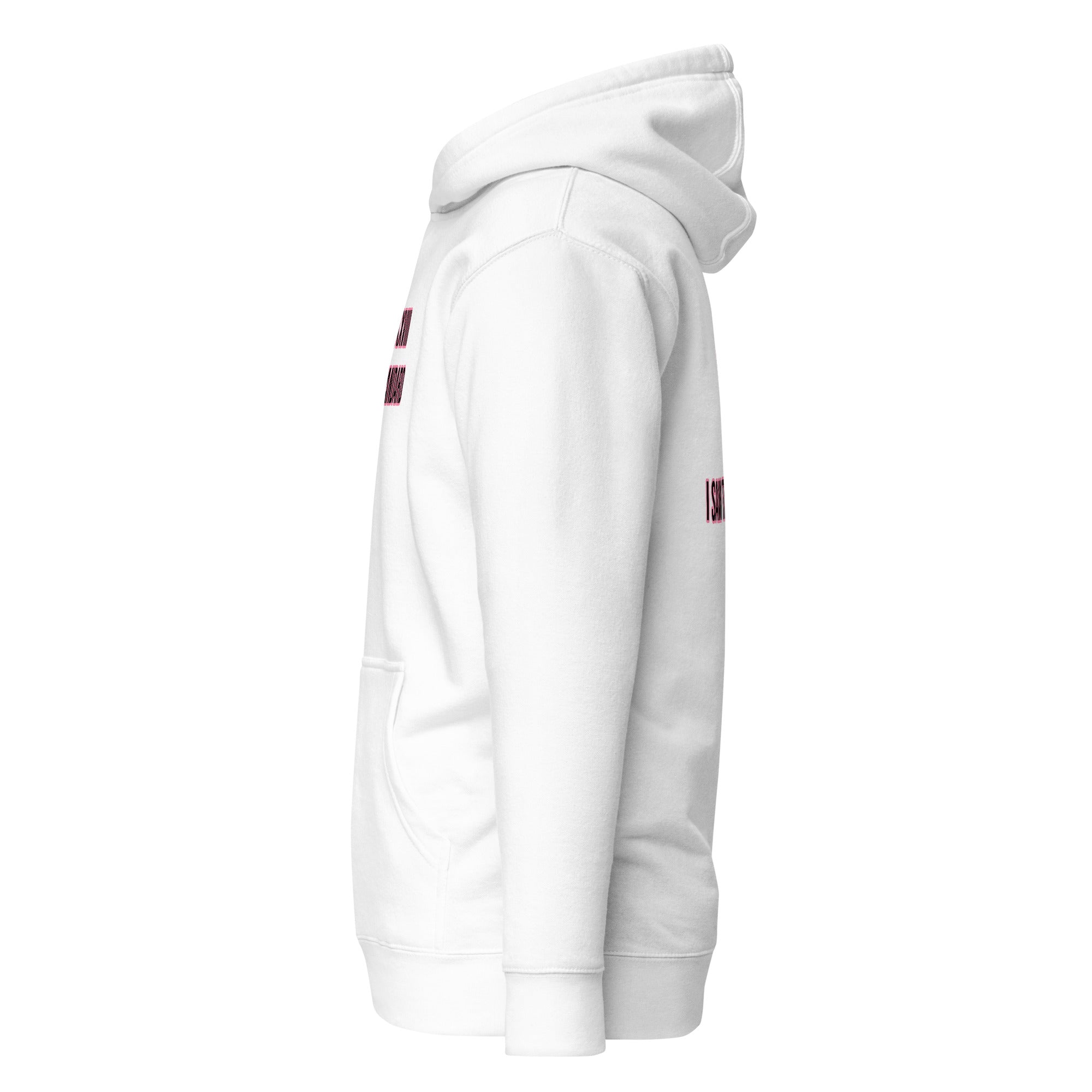 White hoodie with red logo on sleeves against a white background