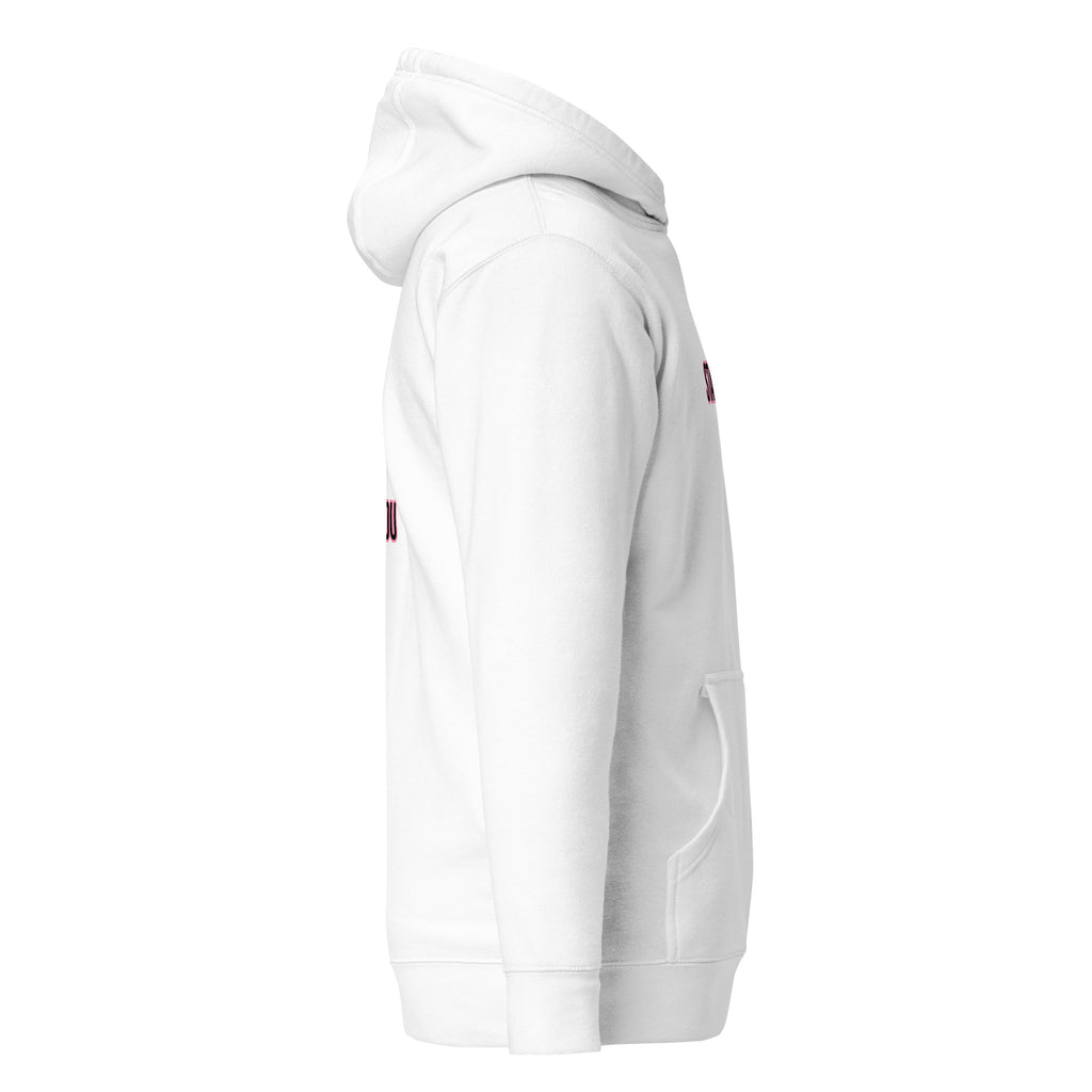 White hoodie with a small red logo on a white background