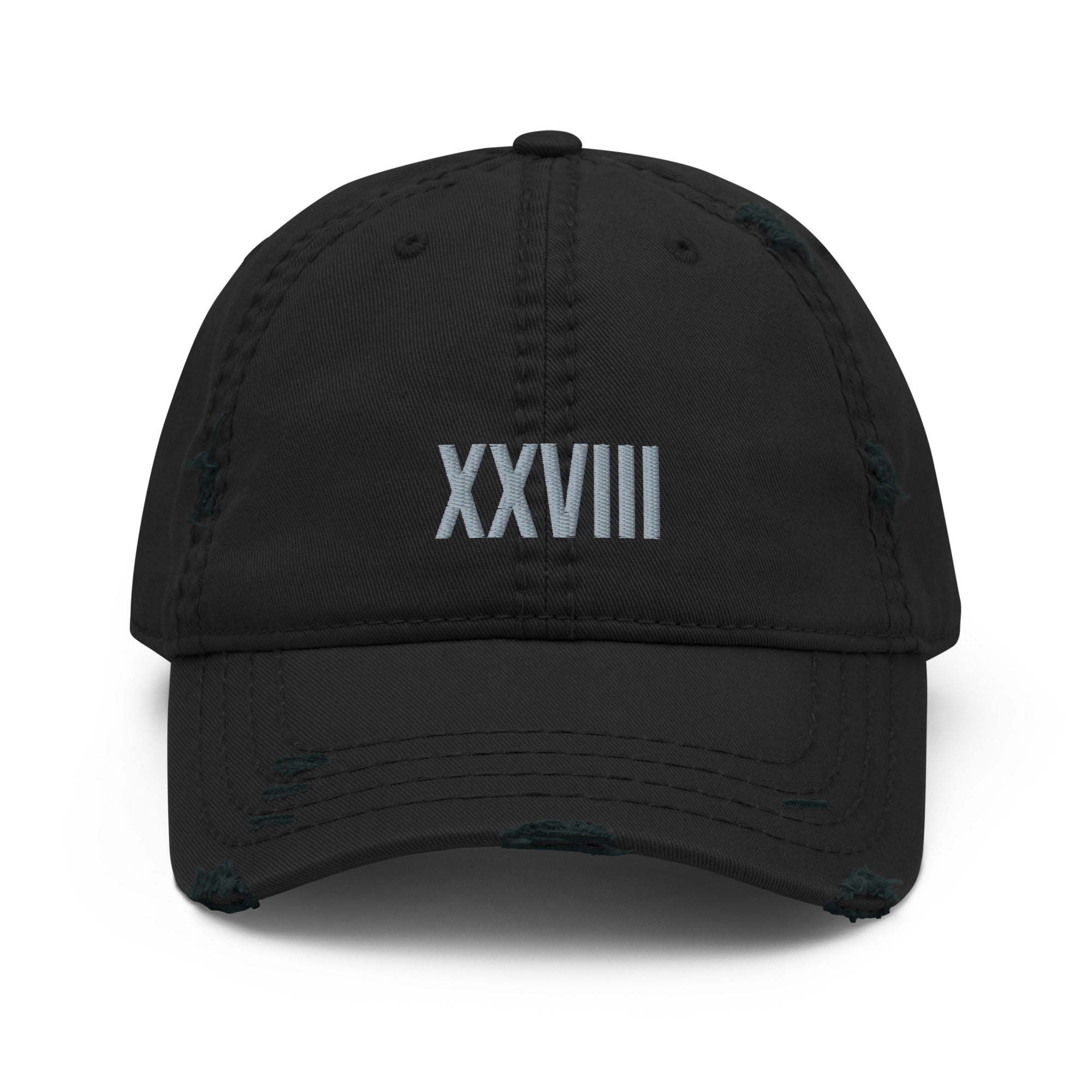 Black cap with 'XXVIII' embroidered on the front against a white background