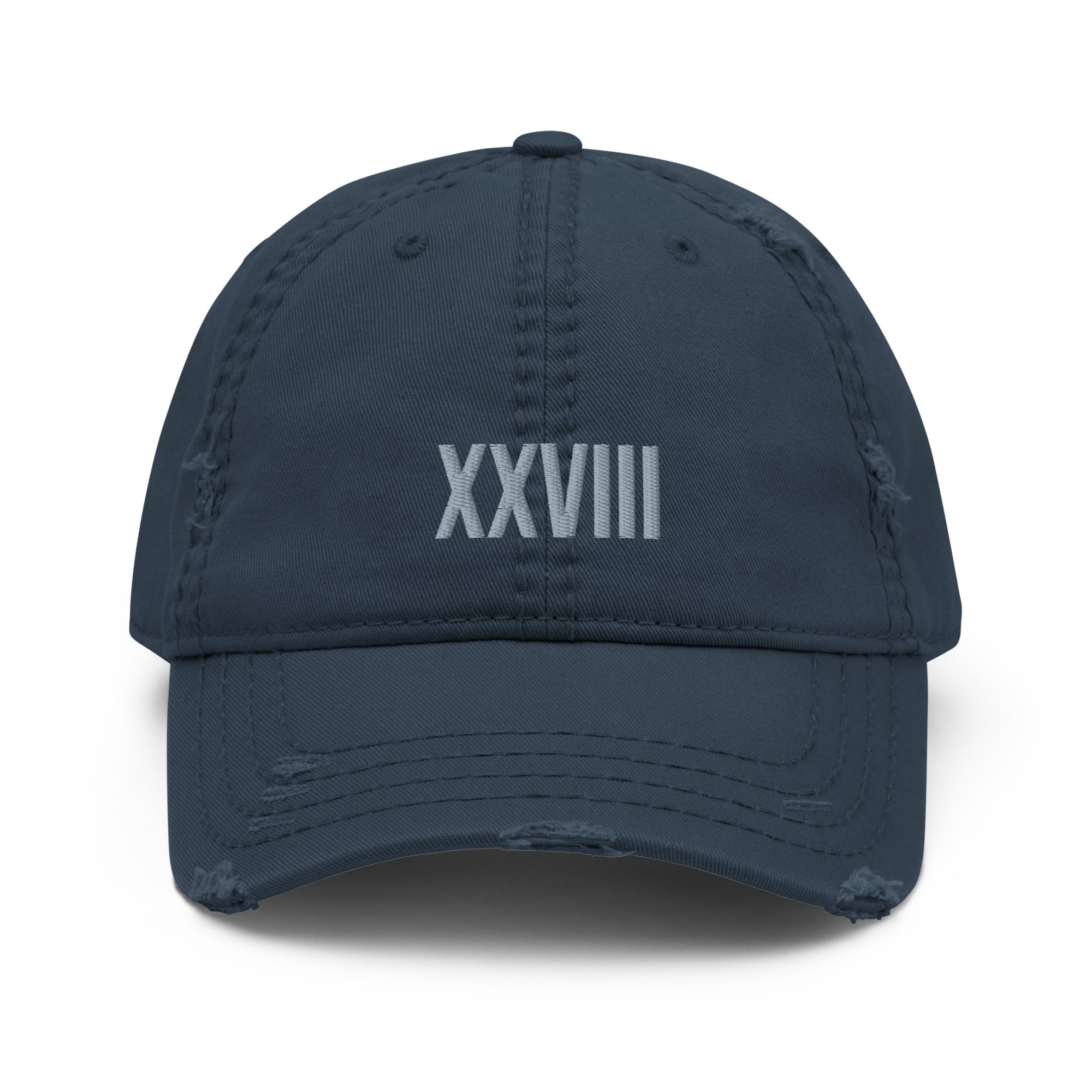 Navy blue cap with 'XXVIII' embroidered on a white background