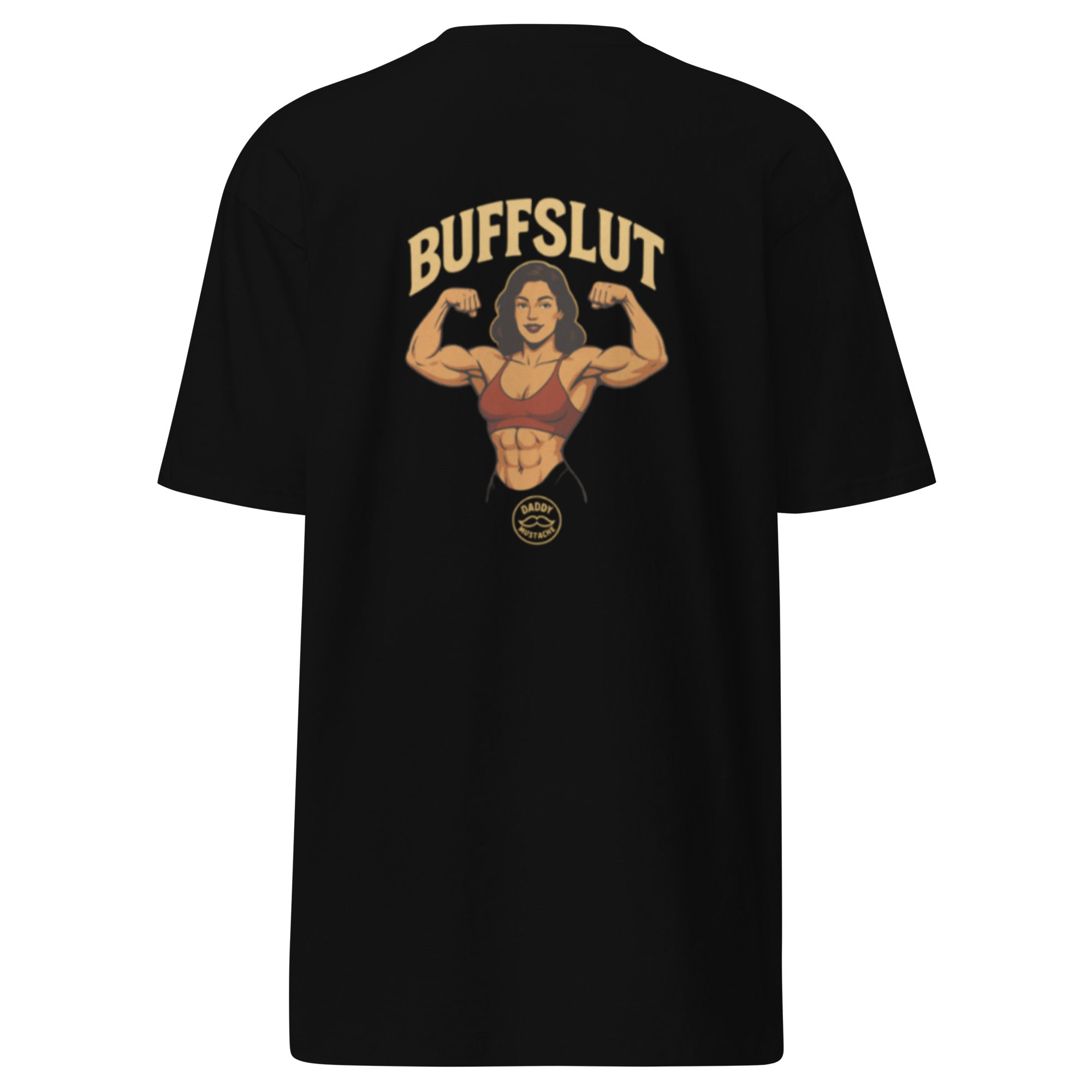 Black t-shirt with 'BUFFSLUT' graphic on the back, featuring a woman with muscles.
