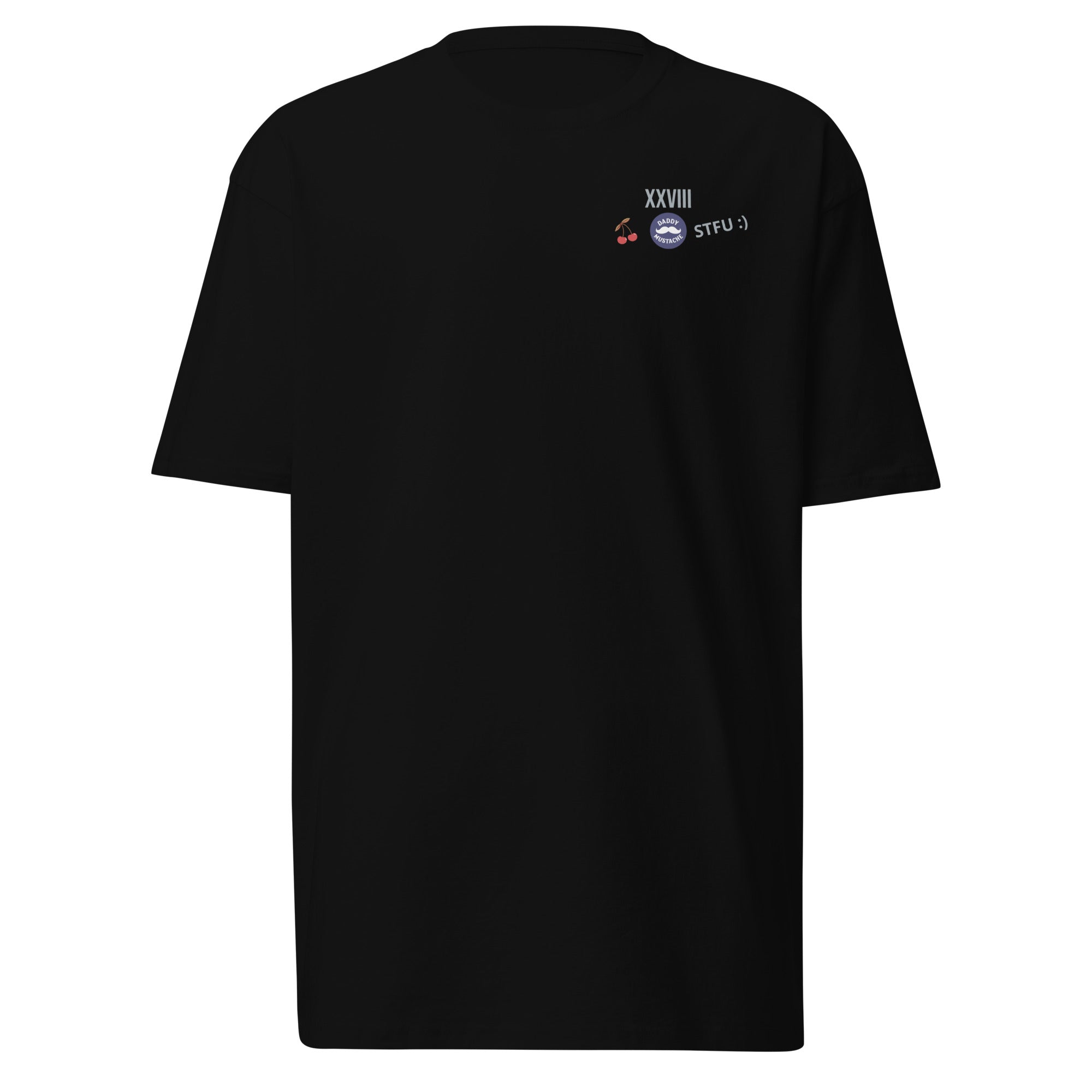 Black t-shirt with small graphic on the back against a white background