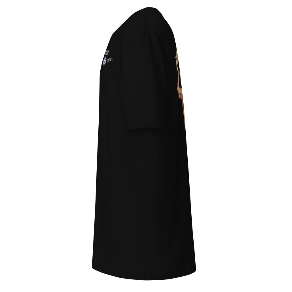 Black t-shirt with logos on the sleeves against a white background
