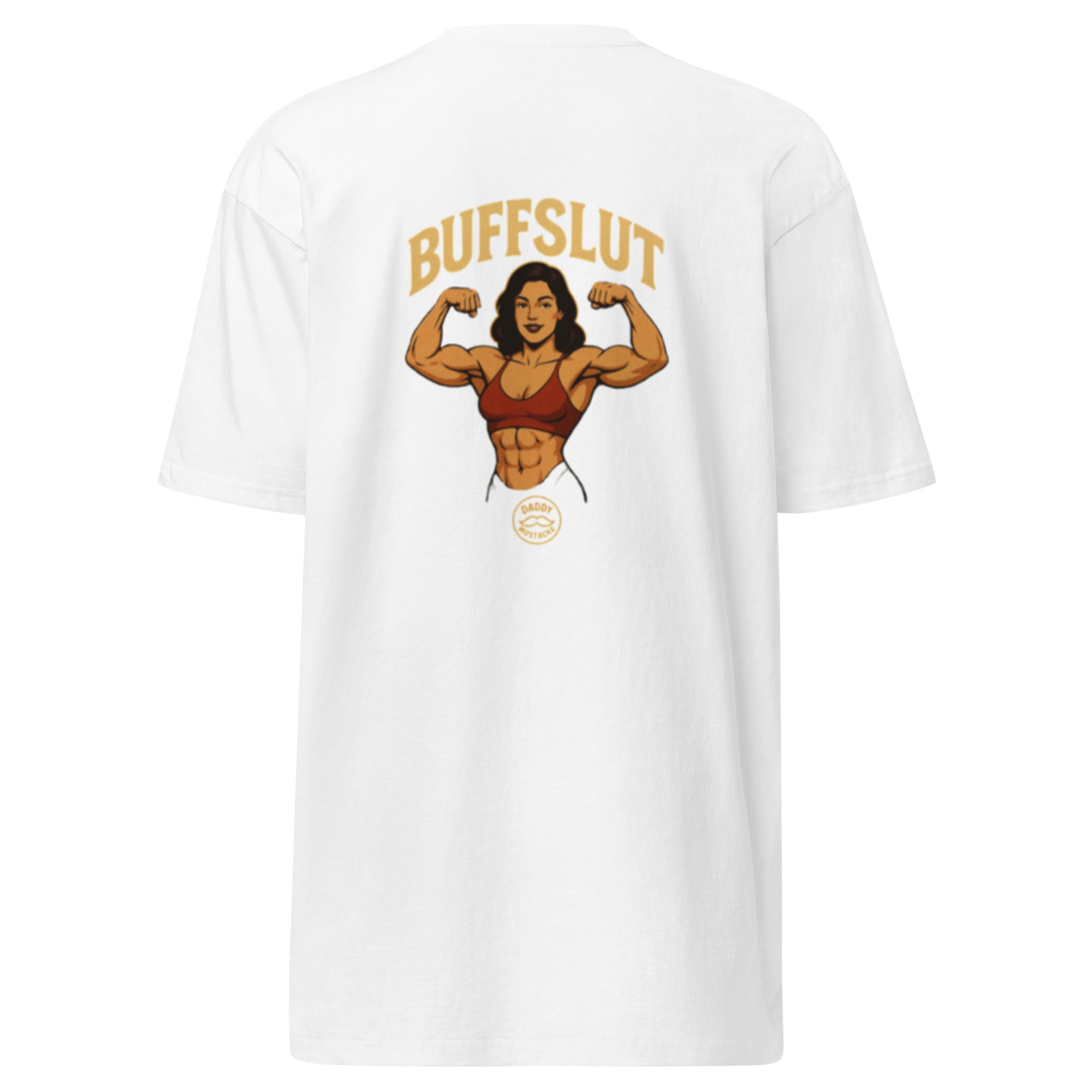White t-shirt with 'BUFFSLUT' graphic design featuring a woman with muscles on a white background