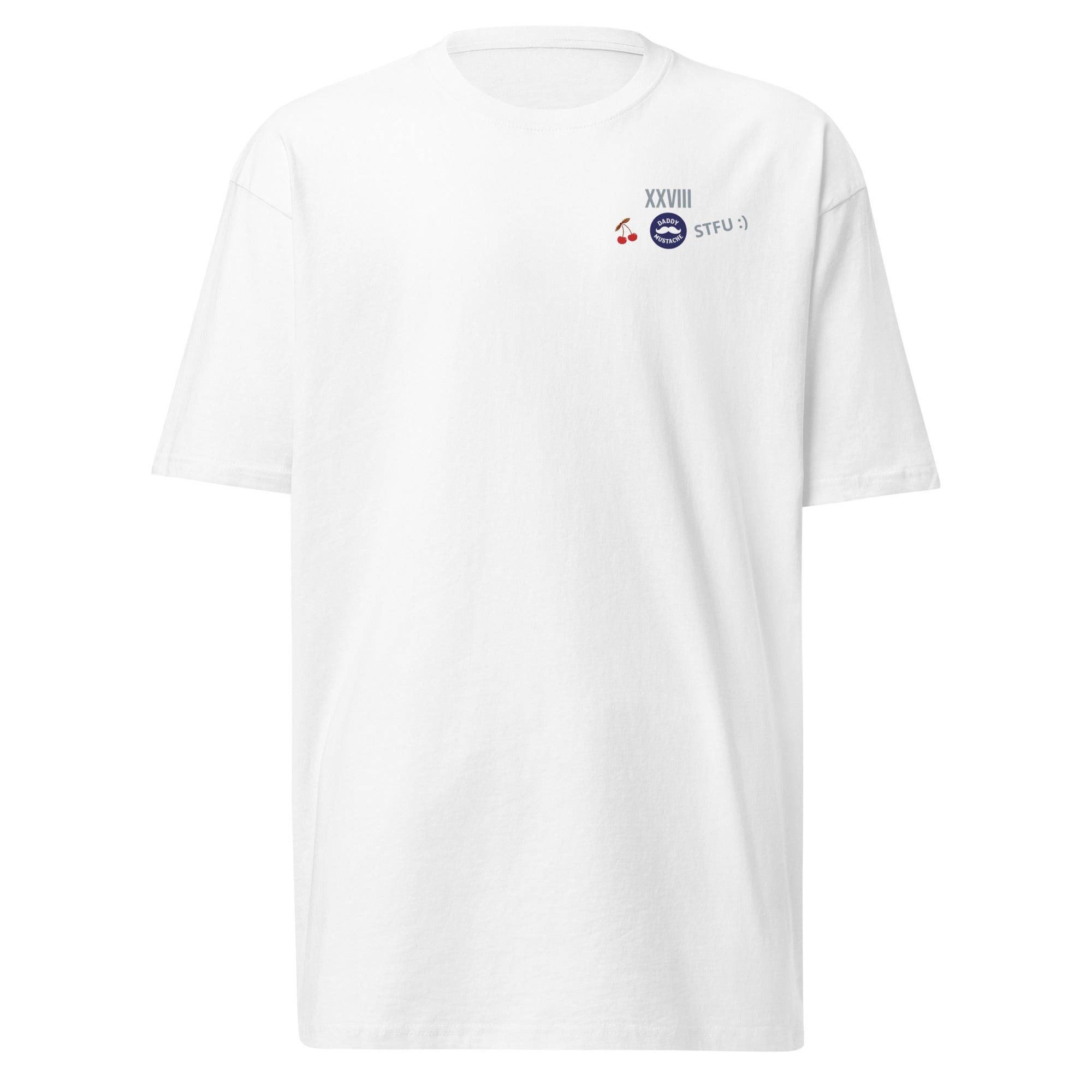 White t-shirt with a small logo on the chest against a white background