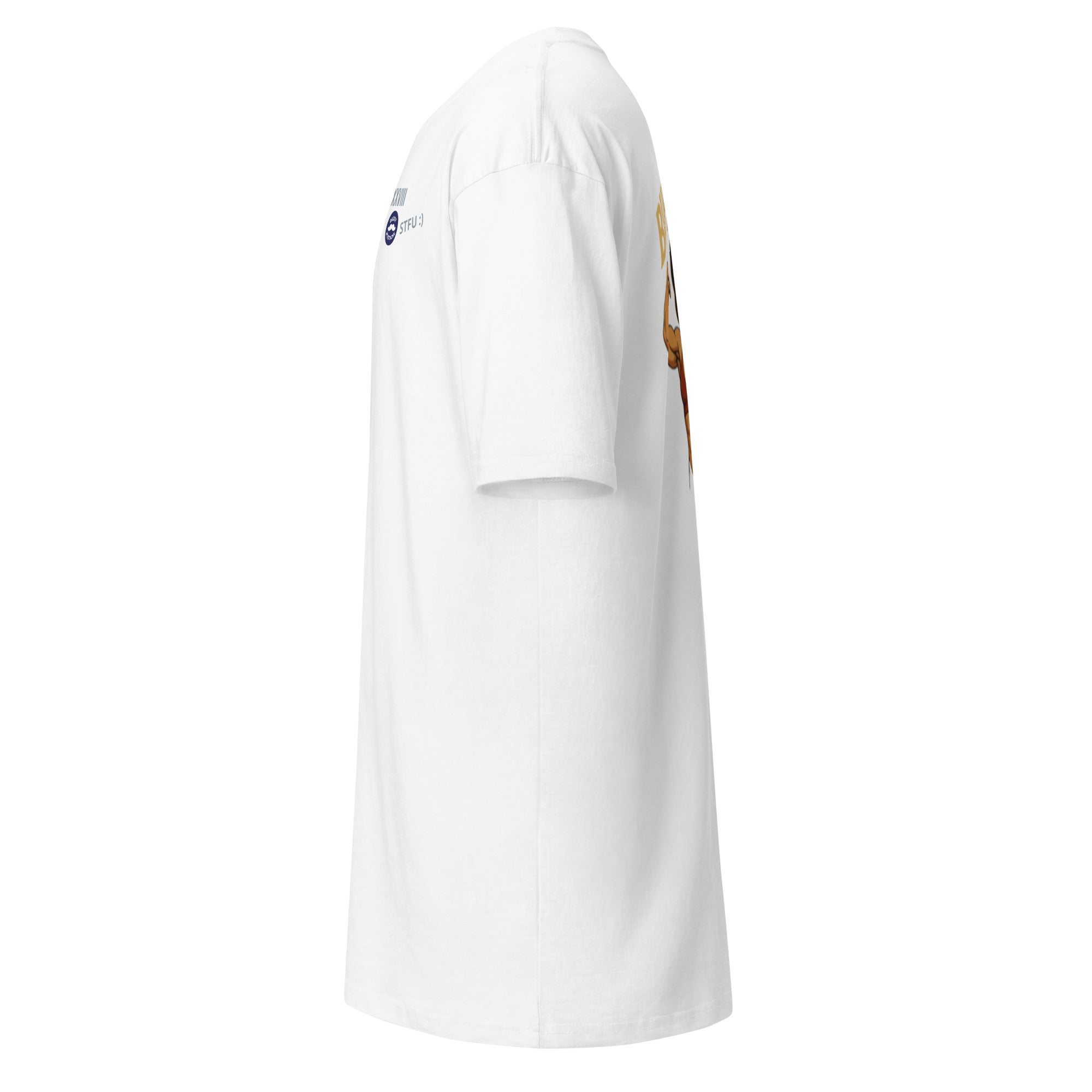 White t-shirt with a logo on the chest against a white background