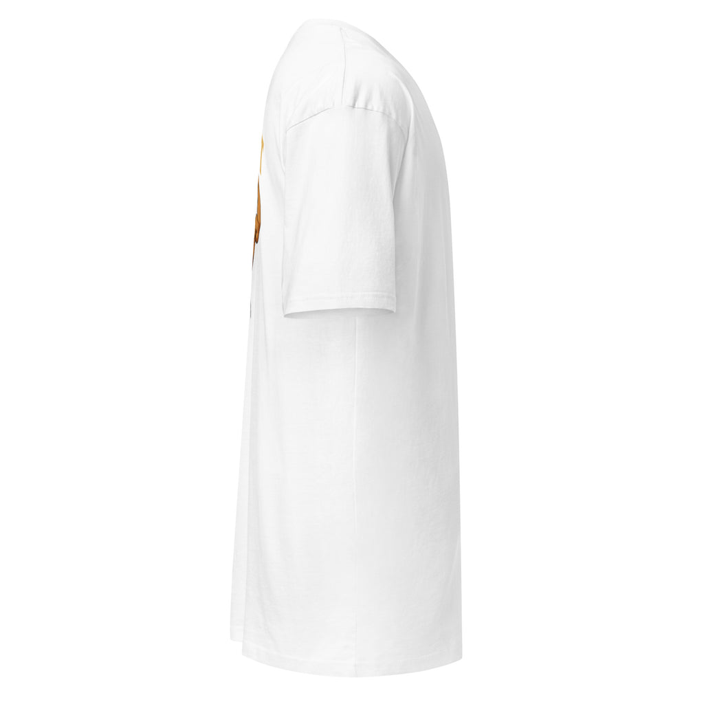 White t-shirt with a small logo on the chest against a white background