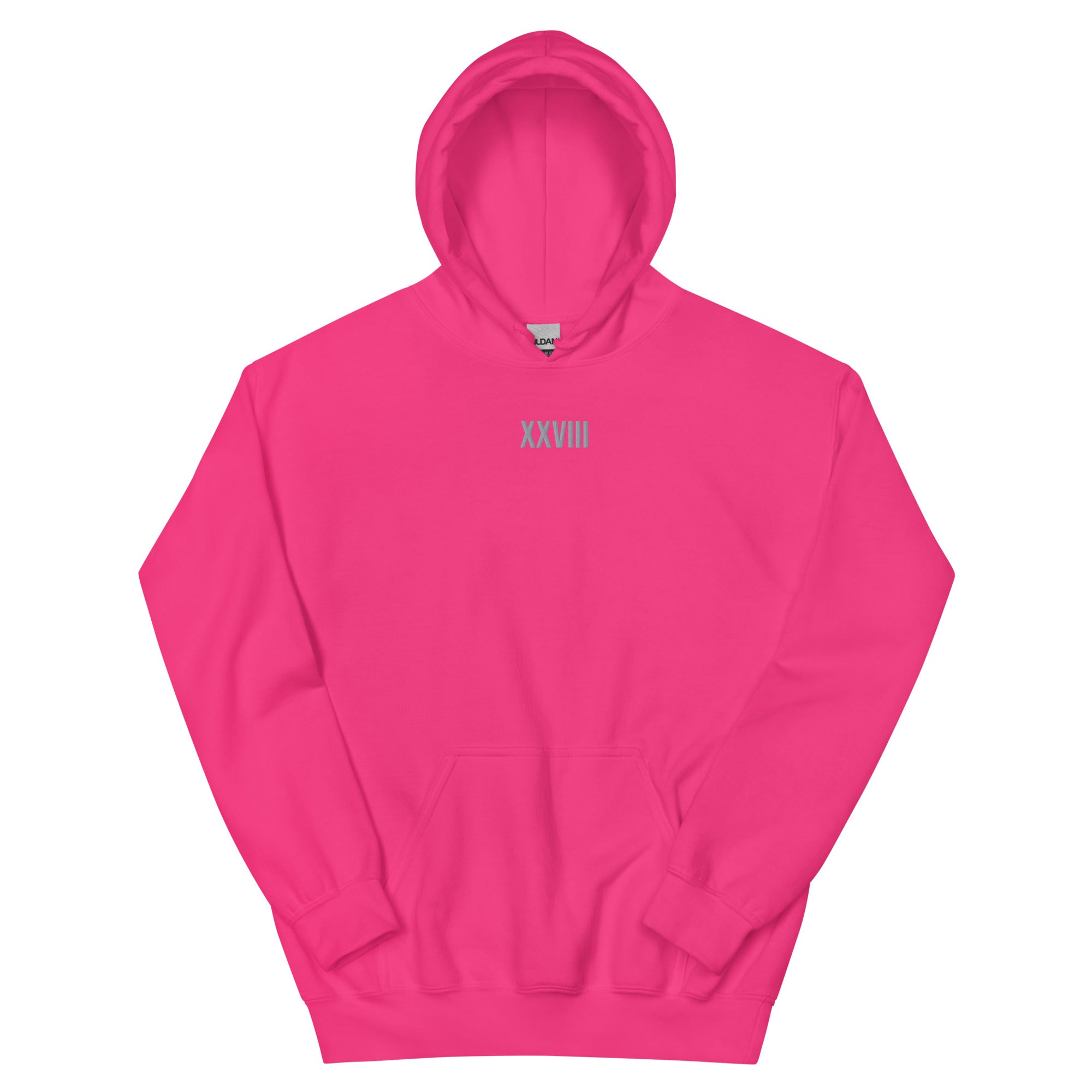 Pink hoodie with 'XXVIII' printed on a white background