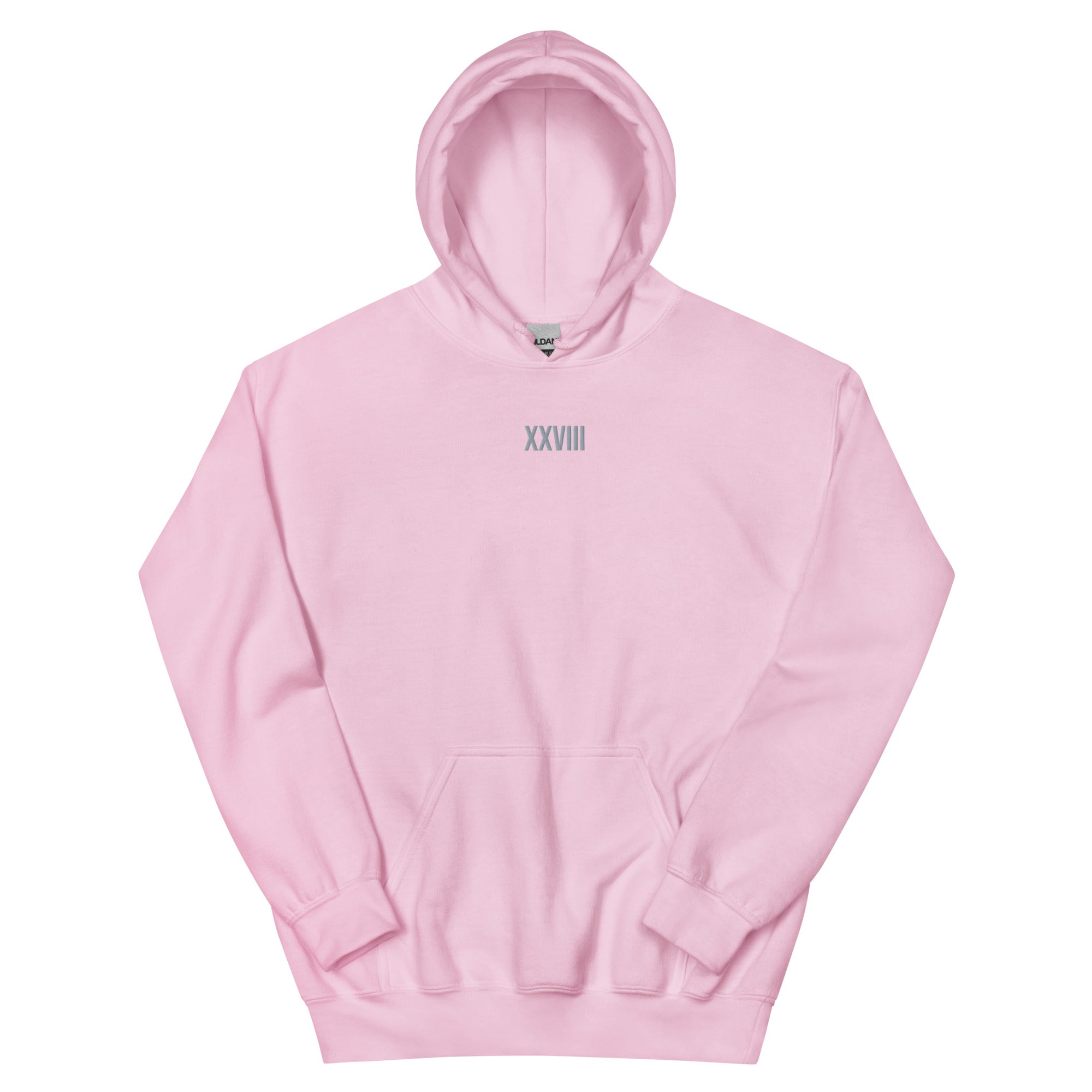 Pink hoodie with 'XXVIII' logo on a white background