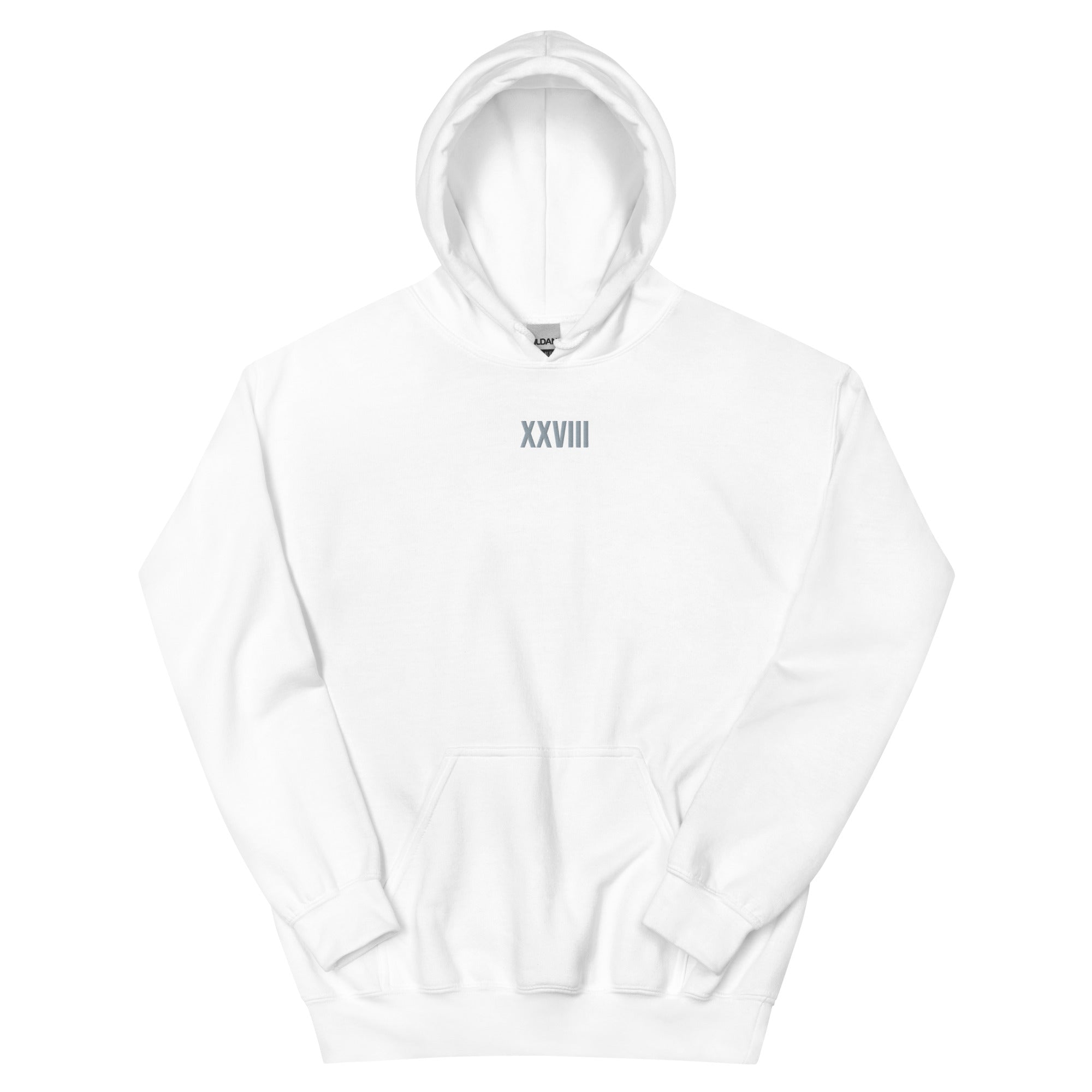 White hoodie with 'XXVIII' printed on a white background